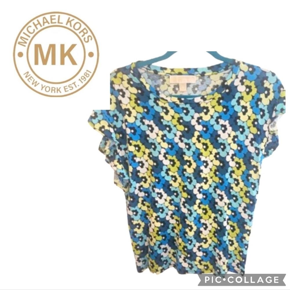 MICHAEL Michael Kors Blue and Green Floral, Flutter Sleeve Top NWOT